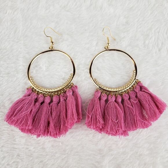 Gold Hoop and Tassel Drop Earrings - Picture 2 of 3